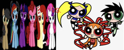 Size: 669x272 | Tagged: safe, editor:undeadponysoldier, pony, 1000 hours in ms paint, applepills, berserk, brat, brutalight sparcake, brute, elements of insanity, fluttershout, pinkis cupcake, rainbine, rarifruit, split screen, the powerpuff girls, the powerpunk girls, vs, wrong aspect ratio