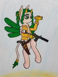 Size: 774x1033 | Tagged: safe, artist:dice-warwick, oc, oc only, oc:bridget gunrunner, bicorn, hybrid, fallout equestria, clothes, ear piercing, gun, jacket, ncr, ncr ranger, older, piercing, ponygriff, ring, solo, spyglass, traditional art, weapon