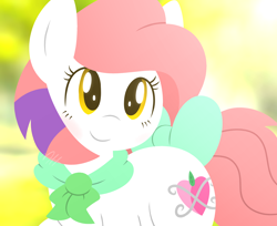 Size: 2498x2039 | Tagged: safe, artist:modocrisma, oc, oc only, oc:paintblush, earth pony, pony, ascot, blushing, bow, clothes, cute, digital art, female, gift art, high res, looking at you, lying down, mare, redraw, smiling, solo, tail bow, watermark