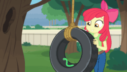 Size: 1280x720 | Tagged: safe, screencap, apple bloom, worm, better together, equestria girls, holidays unwrapped, animated, apple worm, colonel wigglesworth, cute, gif, happy, loop, outdoors, perfect loop, pet, playing, smiling, swing, the cider louse fools, tire, tire swing