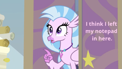 Size: 745x420 | Tagged: safe, edit, edited screencap, screencap, silverstream, hippogriff, student counsel, chatting, jewelry, starlight's office, talking to viewer, text, text edit