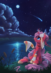 Size: 729x1032 | Tagged: safe, artist:thatfriendlysomeone, oc, pony, unicorn, cloud, cloudy, grass, lake, moon, shooting star, solo