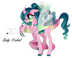 Size: 991x807 | Tagged: safe, artist:unoriginai, oc, oc only, oc:lady orchid, changeling, changepony, hybrid, mantis, birthmark, cute, heart mark, interspecies offspring, magical lesbian spawn, offspring, parent:fluttershy, parent:queen chrysalis, parents:chrysashy, simple background, text, transparent background