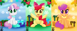 Size: 7200x2945 | Tagged: safe, artist:theretroart88, edit, apple bloom, scootaloo, sweetie belle, earth pony, pegasus, pony, unicorn, adorabloom, chest fluff, christmas, clothes, cute, cutealoo, cutie mark crusaders, daaaaaaaaaaaw, diasweetes, female, filly, gloves, heart, high res, holiday, holly, looking at you, open mouth, present, scarf, sitting, snow, snowflake, squee, theretroart88 is trying to murder us, weapons-grade cute