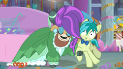 Size: 2560x1440 | Tagged: safe, screencap, sandbar, yona, earth pony, pony, yak, she's all yak, alternate hairstyle, blushing, bowtie, clothes, cloven hooves, dancing, dress, duo, ear piercing, earring, female, jewelry, makeup, male, piercing, punch (drink), punch bowl, shipping, straight, teenager, yonabar