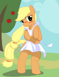 Size: 721x929 | Tagged: safe, artist:seidouryu, applejack, earth pony, pony, apple, apple tree, apron, bipedal, blushing, clothes, female, food, mare, naked apron, solo, tree