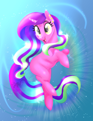 Size: 1000x1300 | Tagged: safe, artist:angexci, oc, oc only, oc:radiant dew, pony, unicorn, female, happy, mare, rainbow, solo