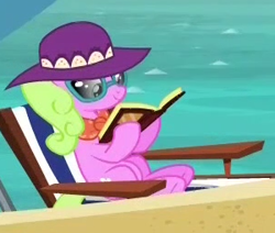 Size: 300x254 | Tagged: safe, screencap, daisy, flower wishes, earth pony, pony, between dark and dawn, beach, book, cropped, deck chair, female, hat, mare, neckerchief, picture for breezies, reading, solo, sunbathing, sunglasses