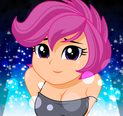 Size: 1163x1094 | Tagged: safe, artist:rosemile mulberry, scootaloo, equestria girls, boobaloo, breasts, bust, cleavage, clothes, cute, cutealoo, female, looking at you, older, older scootaloo, smiling, solo