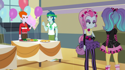 Size: 1280x720 | Tagged: safe, screencap, captain planet, heath burns, pixel pizazz, violet blurr, equestria girls, friendship games, background human, balloon, cheese, female, food, male