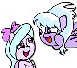 Size: 811x721 | Tagged: safe, artist:nintendoes, cloudchaser, flitter, pony, bow, cute, cutechaser, duo, eye clipping through hair, female, flitterbetes, hair bow, open mouth, simple background, sisters, transparent background