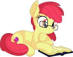 Size: 6836x5339 | Tagged: safe, artist:cyanlightning, edit, editor:slayerbvc, apple bloom, earth pony, pony, .svg available, absurd resolution, accessory-less edit, adorabloom, adorkable, book, chest fluff, cute, dork, ear fluff, female, filly, glasses, missing accessory, nerd, prone, reading, simple background, sitting, smiling, solo, transparent background, vector, vector edit