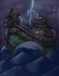 Size: 788x1014 | Tagged: safe, artist:cazra, sea pony, fallout equestria, fallout equestria: project horizons, boat, fanfic art, lightning, ocean, storm, the seahorse, wave
