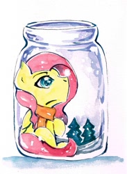 Size: 765x1044 | Tagged: safe, artist:mashiromiku, fluttershy, pegasus, pony, clothes, hearth's warming, jar, merry christmas, pony in a bottle, scarf, solo, traditional art, watercolor painting