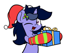 Size: 2048x1536 | Tagged: safe, artist:kimjoman, oc, oc only, oc:purple flix, pony, unicorn, christmas, clothes, cute, hat, holiday, holly, looking at you, male, one eye closed, present, socks, solo, stallion, wink, ych example, your character here