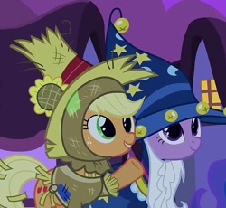 Size: 783x720 | Tagged: safe, derpibooru import, screencap, applejack, twilight sparkle, earth pony, pony, luna eclipsed, cropped, cute, duo, happy, nightmare night, scarecrow, star swirl the bearded costume