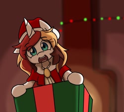 Size: 1280x1159 | Tagged: safe, artist:spheedc, oc, oc:scarlet serenade, unicorn, chimney, christmas, christmas lights, clothes, commission, costume, gift box, hat, holiday, santa costume, santa hat, smiling, solo, your character here