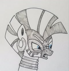 Size: 2231x2325 | Tagged: safe, artist:polar_storm, derpibooru exclusive, zecora, zebra, the cutie re-mark, blue eyes, bust, female, inked, mare, monochrome, neo noir, partial color, simple background, sketch, solo, traditional art, white background