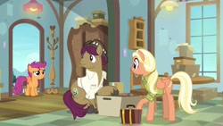 Size: 1920x1080 | Tagged: safe, screencap, mane allgood, scootaloo, snap shutter, pony, the last crusade, clothes, shirt, suitcase