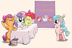 Size: 2400x1600 | Tagged: safe, artist:rocket-lawnchair, apple bloom, cozy glow, scootaloo, sweetie belle, earth pony, pegasus, pony, unicorn, big eyes, book, bow, chest fluff, cozybetes, cute, cutie mark crusaders, female, filly, hair bow, inkwell, lidded eyes, quill