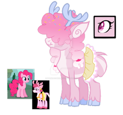 Size: 800x747 | Tagged: safe, artist:ipandacakes, bori the reindeer, pinkie pie, oc, deer, deer pony, earth pony, hybrid, original species, pony, clothes, deviantart watermark, interspecies offspring, magical lesbian spawn, obtrusive watermark, offspring, parent:bori the reindeer, parent:pinkie pie, simple background, skirt, transparent background, watermark