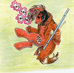 Size: 1698x1668 | Tagged: safe, artist:darkcherry87, pony, unicorn, anti-hero, arnis fighter, black sclera, bojutsuka, clothes, coat, colored pencil drawing, confident, gambit (marvel), gambler, harmonicist, karateka, kickboxer, kinetic charger, knife-fighter, krav maga fighter, kung fu fighter, magic, magic aura, mardani khel fighter, motorcyclist, pilot, ponified, red pupils, simple background, smiling, staff-fighter, super accuracy, super agility, super cordinator, super strength, swordfighter, synthenleather, synthenleather trenchcoat, telekinesis, traditional art, trenchcoat, wild card, yellow background