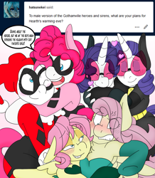 Size: 1611x1851 | Tagged: safe, artist:blackbewhite2k7, bubble berry, butterscotch, elusive, fluttershy, pinkie pie, rarity, earth pony, pegasus, pony, unicorn, angry, ask, blushing, bubblepie, catwoman, cuddling, discorded, female, flutterbitch, flutterscotch, harley quinn, hug, kissing hoof, male, pinkie quinn, poison ivy, poison ivyshy, rarilusive, rule 63, self ponidox, selfcest, shipping, straight, tumblr