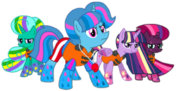 Size: 1720x897 | Tagged: safe, artist:徐詩珮, fizzlepop berrytwist, glitter drops, spring rain, tempest shadow, twilight sparkle, twilight sparkle (alicorn), alicorn, unicorn, series:sprglitemplight diary, series:sprglitemplight life jacket days, series:springshadowdrops diary, series:springshadowdrops life jacket days, alternate universe, bisexual, broken horn, clothes, cute, female, glitterbetes, glitterlight, glittershadow, horn, lesbian, lifeguard, lifeguard spring rain, lifejacket, polyamory, rainbow power, rainbow power-ified, shipping, sprglitemplight, springbetes, springdrops, springlight, springshadow, springshadowdrops, tempestbetes, tempestlight