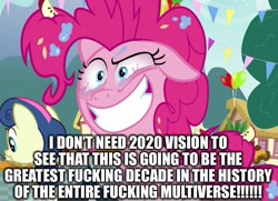 Size: 992x718 | Tagged: safe, edit, edited screencap, editor:useraccount, screencap, bon bon, pinkie pie, sweetie drops, earth pony, pony, the one where pinkie pie knows, 2020, bloodshot eyes, caption, cropped, crying, didn't age well, excessive exclamation marks, eye, eyes, happy new year, holiday, image macro, meme, new year, solo focus, text
