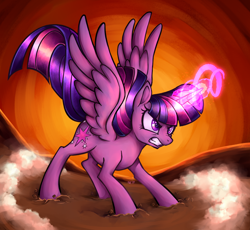 Size: 1250x1150 | Tagged: safe, artist:nessacity, twilight sparkle, twilight sparkle (alicorn), alicorn, twilight's kingdom, angry, fighting stance, glowing horn, gritted teeth, horn, magic, nose wrinkle, redraw, scene interpretation, signature, solo, spread wings, starry eyes, wingding eyes, wings