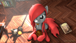 Size: 1920x1080 | Tagged: safe, artist:christian69229, oc, oc only, oc:cutie dash, pegasus, pony, 3d, book, bookshelf, chair, clothes, cookie, cookie jar, female, food, mare, socks, solo, source filmmaker, table