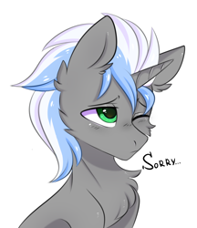 Size: 2356x2732 | Tagged: safe, artist:pesty_skillengton, oc, oc:icy trail, pony, unicorn, bust, cute, dialogue, green eyes, looking up, one eye closed, one word, portrait, simple background, solo, sorry, white background