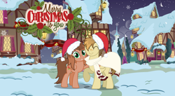 Size: 3499x1922 | Tagged: safe, artist:kathrinethegamerpony, oc, oc:kathrine, oc:sandstorm, pegasus, pony, christmas, cloak, clothes, female, hat, holiday, male, mare, santa hat, stallion