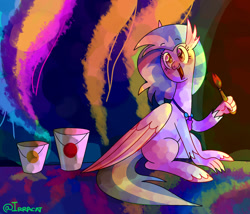 Size: 1280x1097 | Tagged: safe, artist:1racat, silverstream, classical hippogriff, hippogriff, uprooted, cute, diastreamies, female, open mouth, paint, paint bucket, paintbrush, scene interpretation, solo