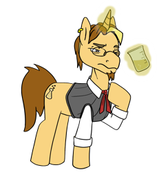 Size: 900x962 | Tagged: safe, artist:kallisti, oc, oc only, oc:golden flask, pony, unicorn, 2020 community collab, ascot, beaker, beard, clothes, derpibooru community collaboration, ear piercing, earring, facial hair, glasses, jewelry, magic, male, piercing, ponytail, simple background, solo, transparent background, vest