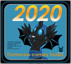 Size: 1435x1287 | Tagged: safe, artist:wheatley r.h., derpibooru exclusive, oc, oc only, oc:w. rhinestone eyes, changeling, 2020, bat wings, blue changeling, blue eyes, blue hair, changeling oc, claws, hair, happy, happy new year, holiday, horn, new year, sharp teeth, solo, spread arms, spread wings, teeth, vector, watermark, wings