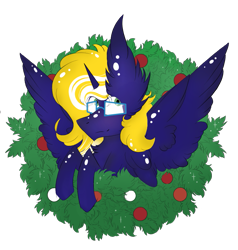 Size: 791x830 | Tagged: safe, artist:hunterthewastelander, oc, oc:time vortex (th3bluerose), alicorn, alicorn oc, christmas, christmas wreath, commissioner:th3bluerose, glasses, holiday, simple background, spread wings, transparent background, wings, wreath, ych result