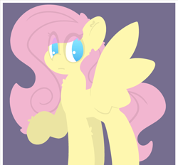 Size: 2620x2433 | Tagged: safe, artist:moonydusk, fluttershy, pegasus, pony, colored, eye clipping through hair, female, flat colors, looking at you, mare, no pupils, raised hoof, simple background, solo, spread wings, standing, three quarter view, wings