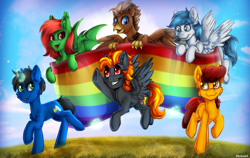 Size: 1898x1203 | Tagged: safe, artist:deraniel, oc, oc only, oc:digidash, oc:grimvale, oc:khakislacks, oc:ronan, bat pony, earth pony, griffon, pegasus, pony, unicorn, field, flag, flying, grass, happy, magic, male, pride, pride flag, pride month, pride parade, sun, trotting