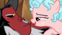 Size: 1920x1080 | Tagged: safe, screencap, cozy glow, lord tirek, centaur, pony, frenemies (episode), context is for the weak, duo, female, filly, foal, lidded eyes, male, narrowed eyes, nose piercing, nose ring, out of context, piercing, sweat, sweatdrop, tongue out, wat