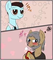 Size: 3608x4096 | Tagged: safe, artist:wolftenpr0nz, earth pony, pegasus, pony, robot, robot pony, android, blushing, comic, comic strip, connor, crossover, detroit: become human, drinking, gay, hank anderson, lidded eyes, male, ponified, rk800, smiling, stallion, straw, tsundere, video game