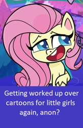 Size: 392x600 | Tagged: safe, fluttershy, pegasus, pony, my little pony: pony life, 2020, caption, female, implied anon, mare, pony life drama, pony life drama drama, smug, smugshy