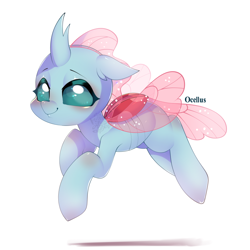 Size: 900x900 | Tagged: safe, artist:snow angel, ocellus, changedling, changeling, cute, diaocelles, female, flying, looking at you, simple background, smiling, solo, watermark, white background