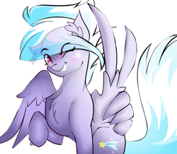 Size: 2779x2425 | Tagged: safe, artist:asimplerarity, cloudchaser, pegasus, pony, blushing, chest fluff, female, mare, raised hoof, simple background, sitting, smiling, solo, transparent background, wing hands, wings