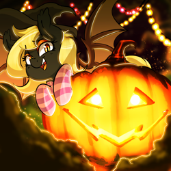 Size: 1000x1000 | Tagged: safe, artist:xxmarkingxx, oc, oc only, oc:regina liliac, bat pony, pony, bat pony oc, clothes, cute, digital art, female, gift art, halloween, hat, holiday, jack-o-lantern, ocbetes, pumpkin, socks, solo, striped socks, witch hat