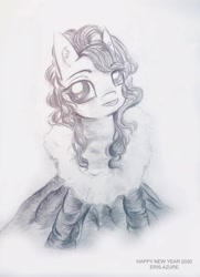 Size: 1775x2448 | Tagged: safe, artist:eris azure, oc, oc only, earth pony, pony, g4, 2020, album, all i want for christmas is you, black and white, christmas, christmas queen, clothes, curly mane, cute, dress, female, festival, grayscale, hair, happy new year, happy new year 2020, hearth's warming, holiday, it's a pony kind of christmas, mane, mare, mariah carey, monochrome, new year, pencil drawing, ponified, simple background, singer, sitting, smiling, solo, song, traditional art