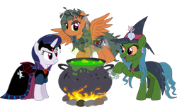 Size: 2606x1572 | Tagged: safe, artist:shadymeadow, oc, oc only, oc:berry venom, oc:marine curse, oc:witch willa wispral, crab, earth pony, pegasus, pony, unicorn, cauldron, cloak, clothes, female, hat, jaundice, mare, oc villain, witch hat