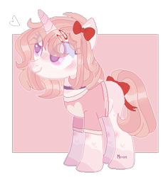 Size: 378x401 | Tagged: safe, artist:moon-rose-rosie, oc, oc:peach, pony, unicorn, base used, bow, clothes, collar, eye clipping through hair, female, hair bow, hairpin, pink background, simple background, tail bow, transparent background