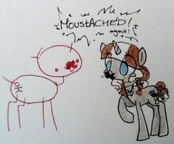 Size: 500x415 | Tagged: safe, artist:laceymod, oc, oc:lovelace, pony, unicorn, ask lovelace, facial hair, female, mare, moustache, stick figure, stickmare, traditional art