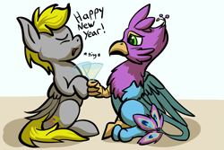 Size: 4499x3000 | Tagged: safe, artist:flashycloset, oc, oc only, oc:gyro feather, oc:gyro tech, oc:lightning flash, griffon, pony, bread, food, griffonized, happy new year, holiday, male, species swap, toast